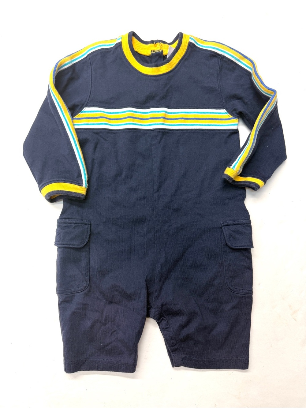 Hanna Andersson Cotton Navy Blue Romper One Piece with Yellow Trim Vintage